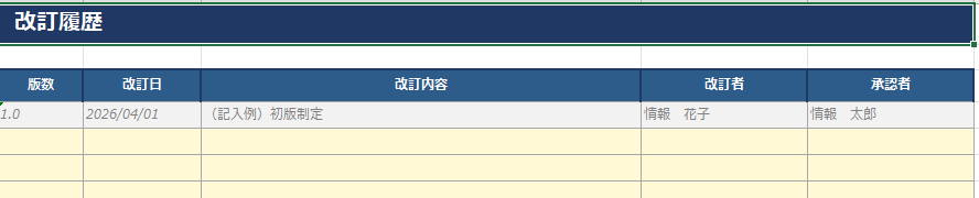 連絡先リストの改訂履歴シートの例