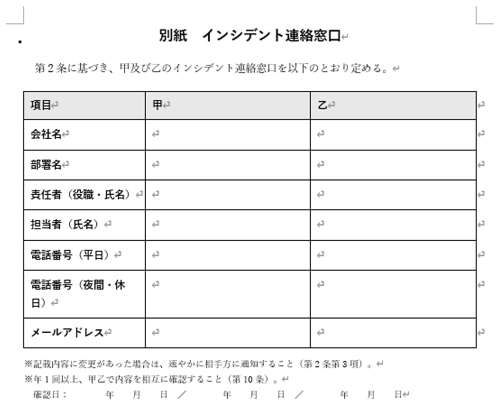 合意書 別紙「インシデント連絡窓口」。会社名・部署名・責任者・担当者・電話番号（平日／夜間・休日）・メールアドレスを甲乙それぞれ記入する