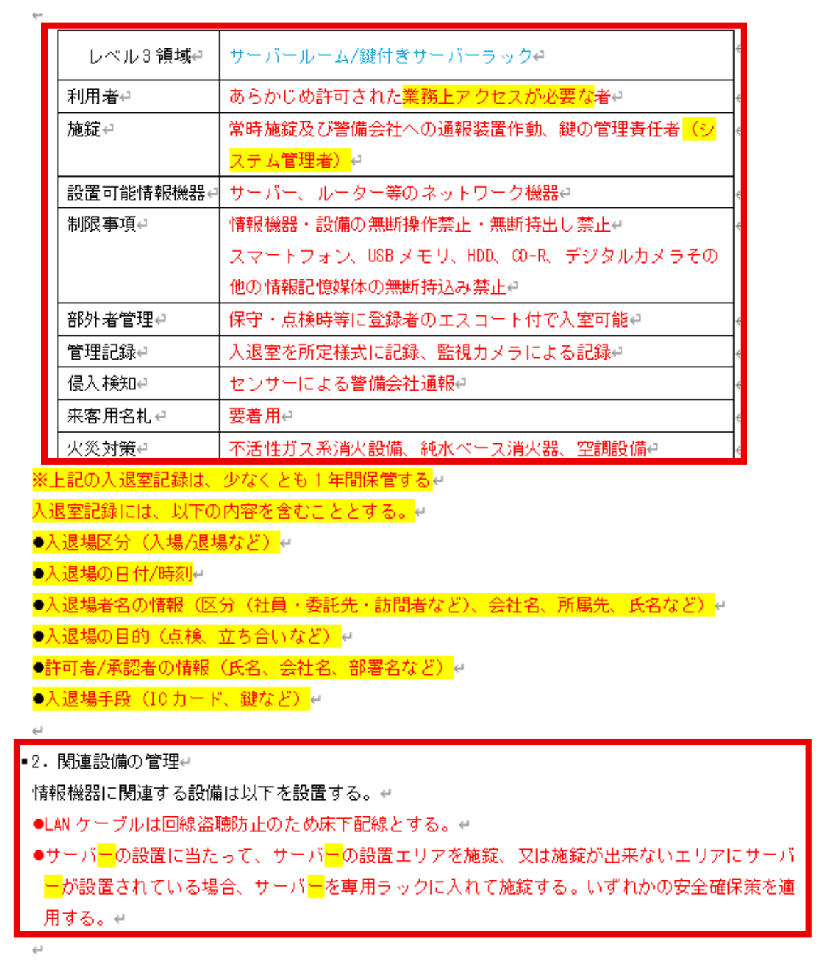 情報セキュリティ関連規定 物理的対策33ページ。赤枠は1.2のレベル3領域と、2. 関連設備の管理