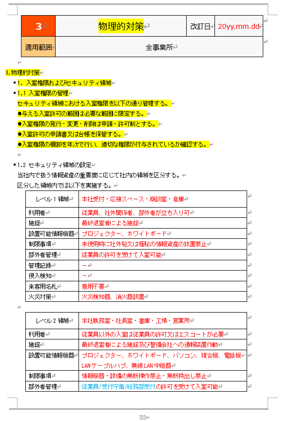 情報セキュリティ関連規定 物理的対策32ページ「1.1 入室権限の管理」「1.2 セキュリティ領域の設定」