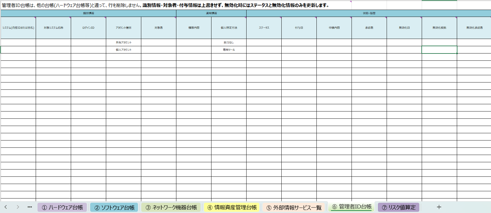 情報資産管理台帳（拡張版）の管理者ID台帳シートの記入例